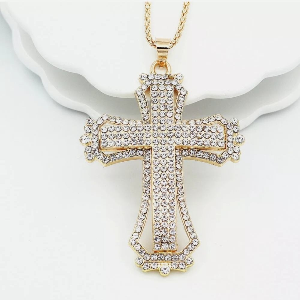 🤍 Large golden cross crystals necklace 🤍